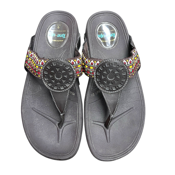 Skechers Tone-Ups Sandals Size 9 Brown Embroidered Tribal Comfort Flip Flops - Picture 1 of 7